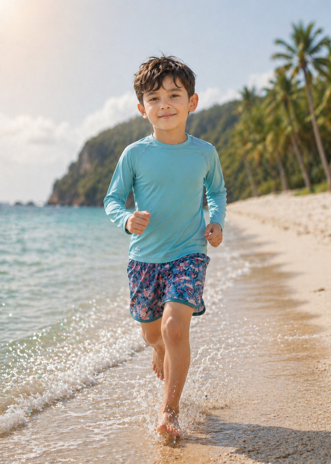 Kids rashguard for sun protection – Grech & Co blue long sleeve swimsuit, sizes 6m–9y