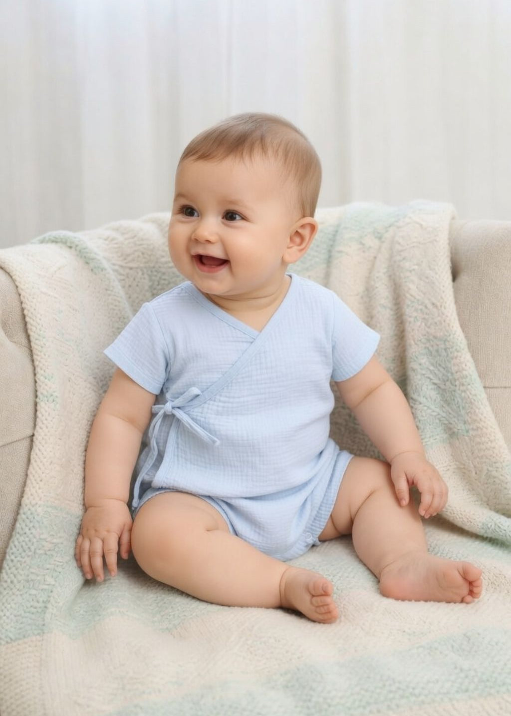 Baby wearing light blue muslin wrap bodysuit – 100% GOTS organic cotton newborn onesie by Milimilu