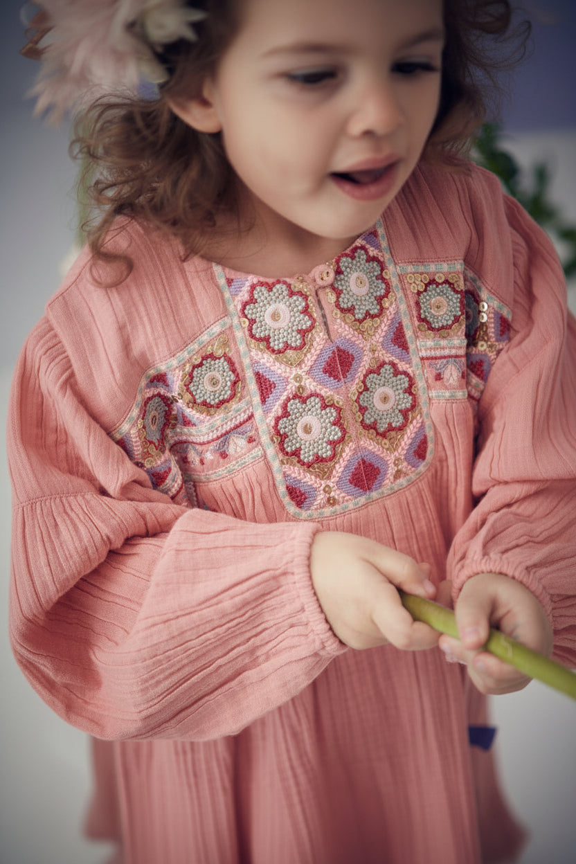 Front view Iseena girls dress light pink - graphic embroidery organic cotton