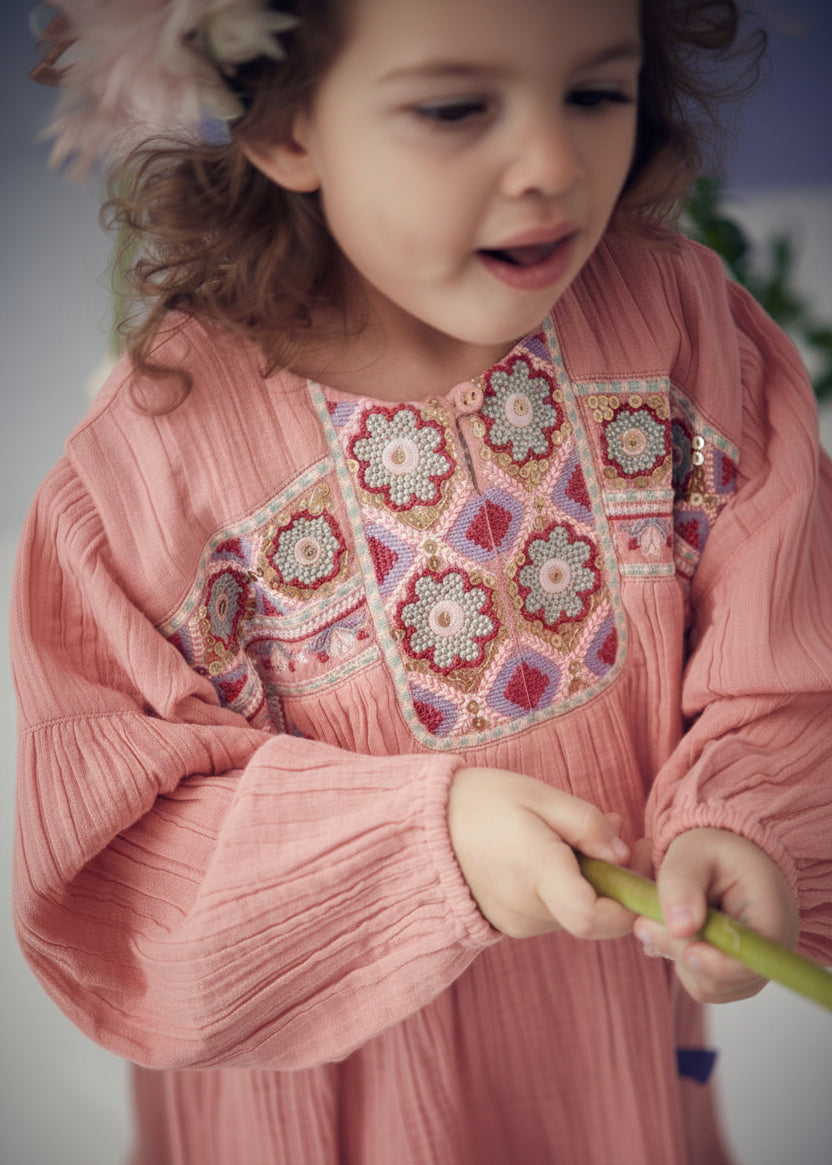 Front view Iseena girls dress light pink - graphic embroidery organic cotton