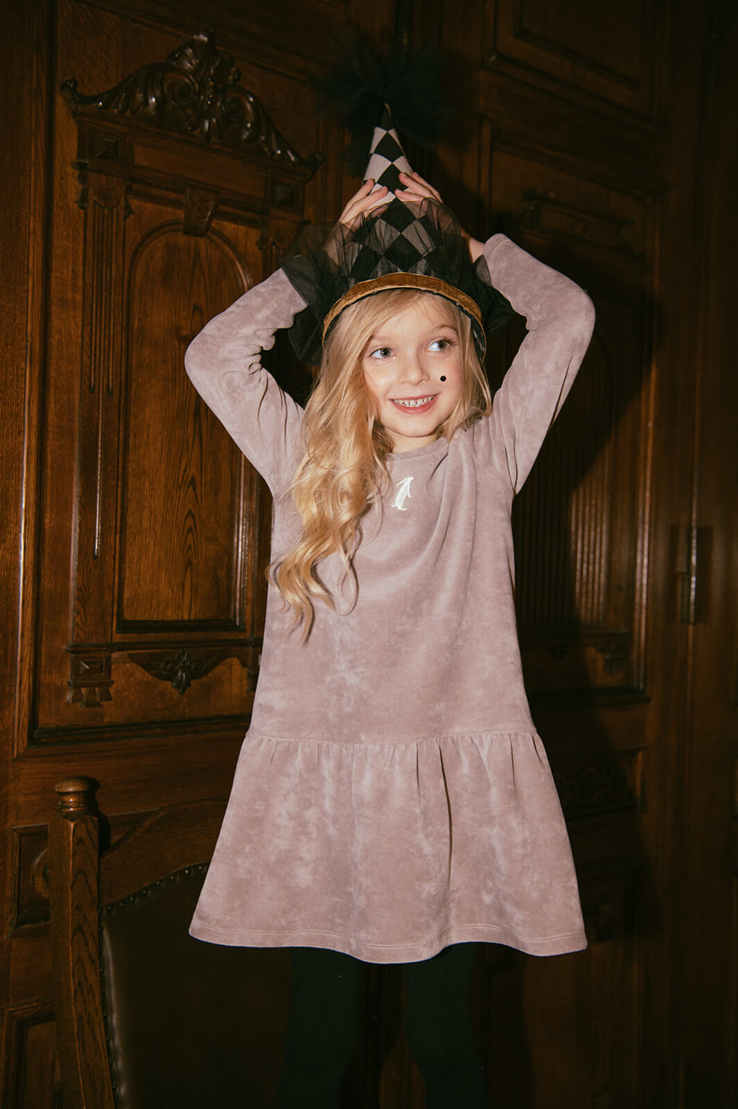 Light velvet grey dress with a bit of shine, soft and comfortable to wear. The best girl dress for parties, travels or daily wear with bunny embroidery.