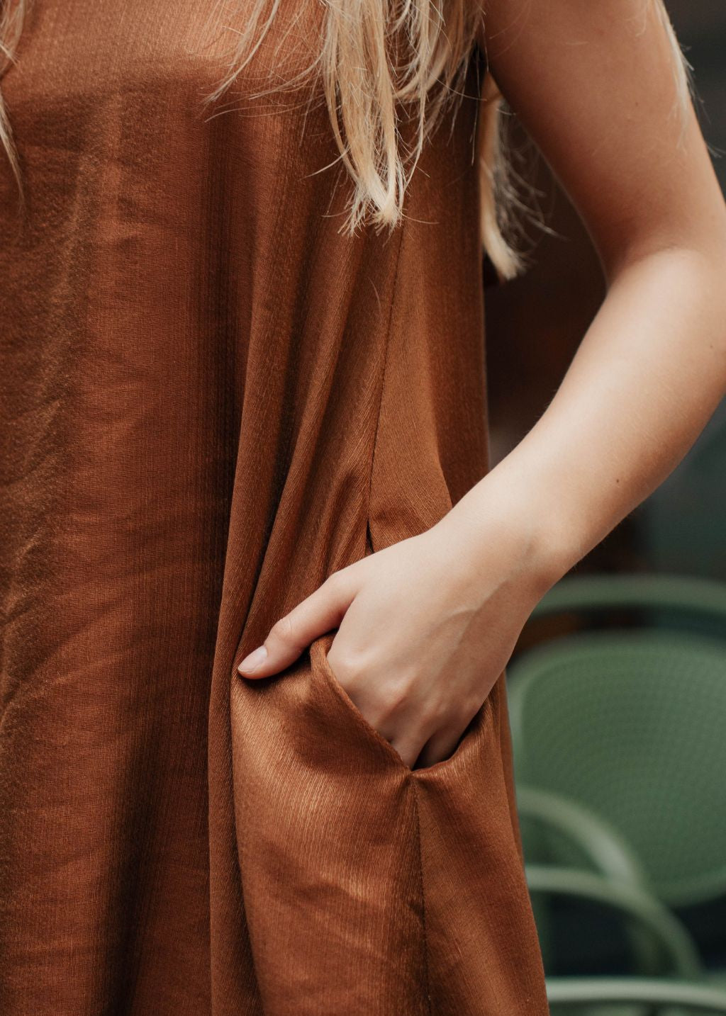 Woman wearing Paris caramel mini dress linen-silk sustainable fashion Hong Kong