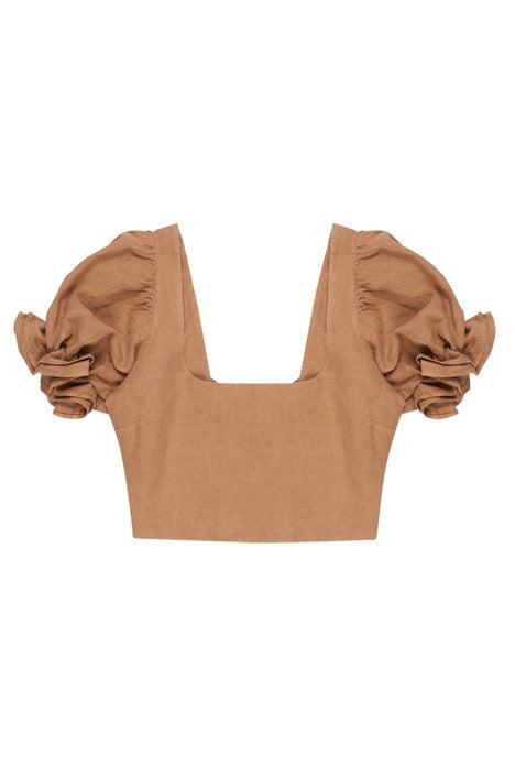 Linen women cropped top in tan colour. This slightly cropped top is one of the best summer tops. This trendy cropped linen top is made from sustainable linen.