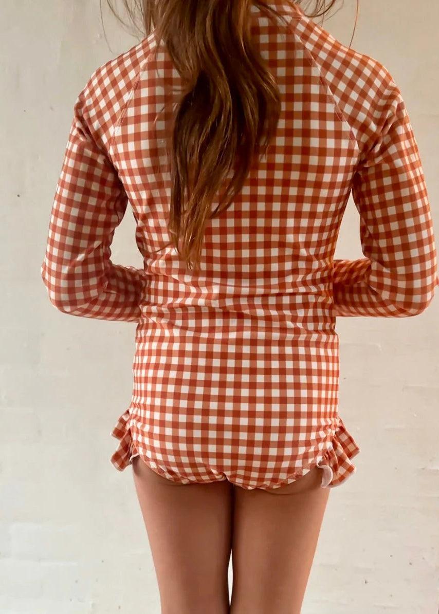Long sleeve girls swimsuit - back view Sienna Gingham pattern