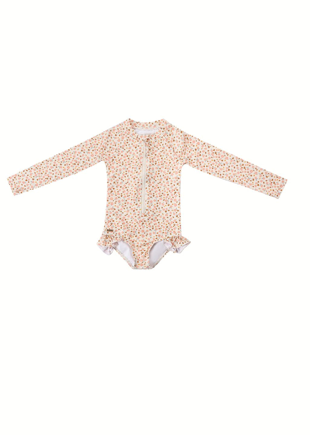 Close-up of Sunset Meadow rashguard swimsuit showing retro print and front zipper detail