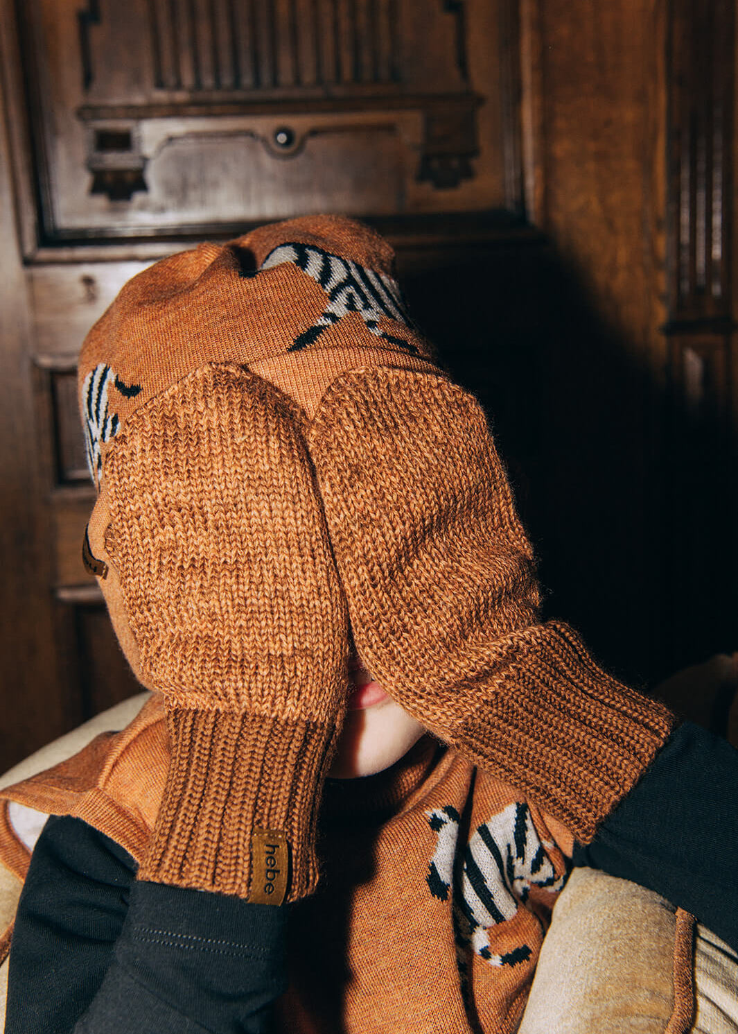 Kids wearing brown merino wool mittens - warm winter accessories by Hebe for Hong Kong Singapore Australia