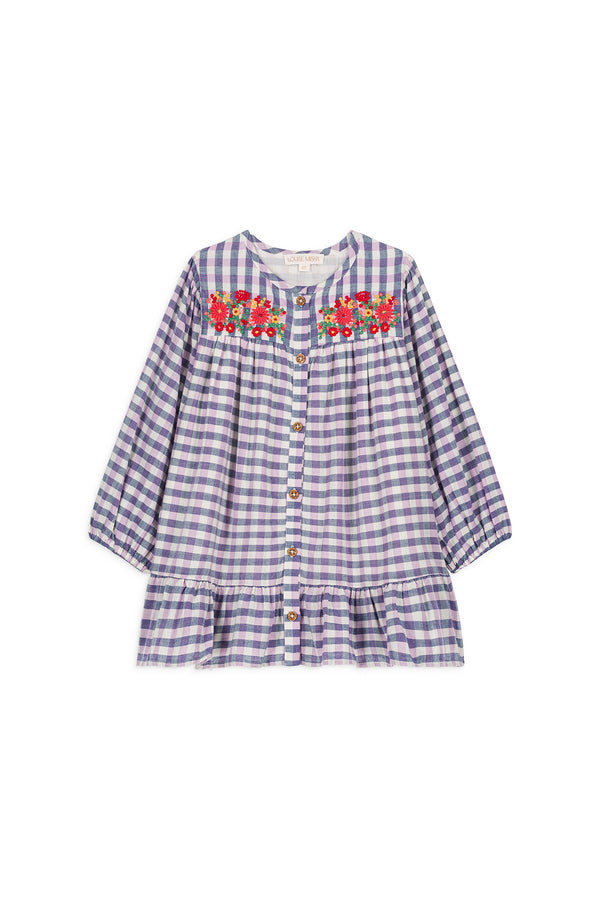 Massilian organic cotton dress is a stunning piece in a soft purple and blue check pattern. Shop the best sustainable kids clothing by Louise Misha at MiliMilu.