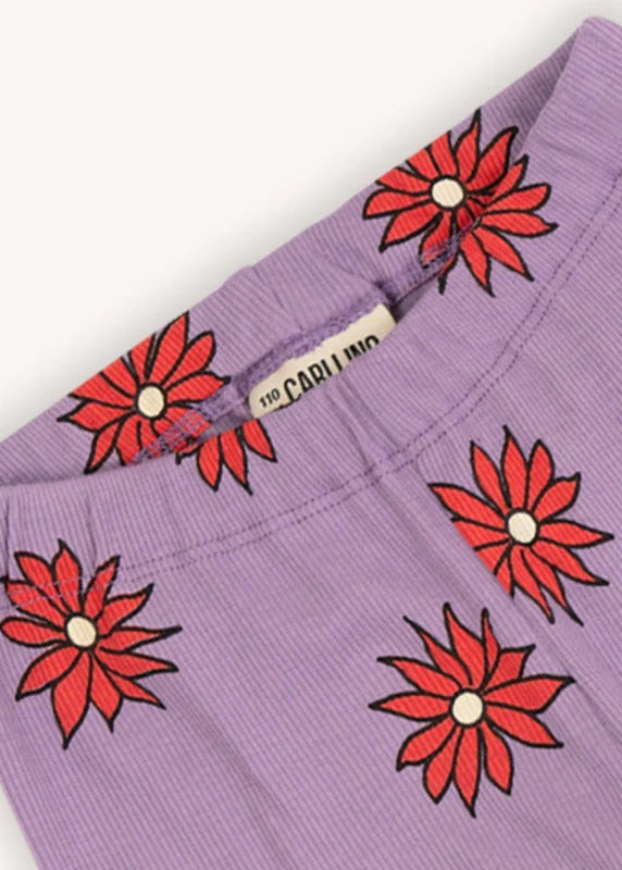Organic cotton flare ribbon girl leggings in purple with dahlia print. Shop the best sustainable kids clothing and organic cotton kids clothing at MiliMilu.