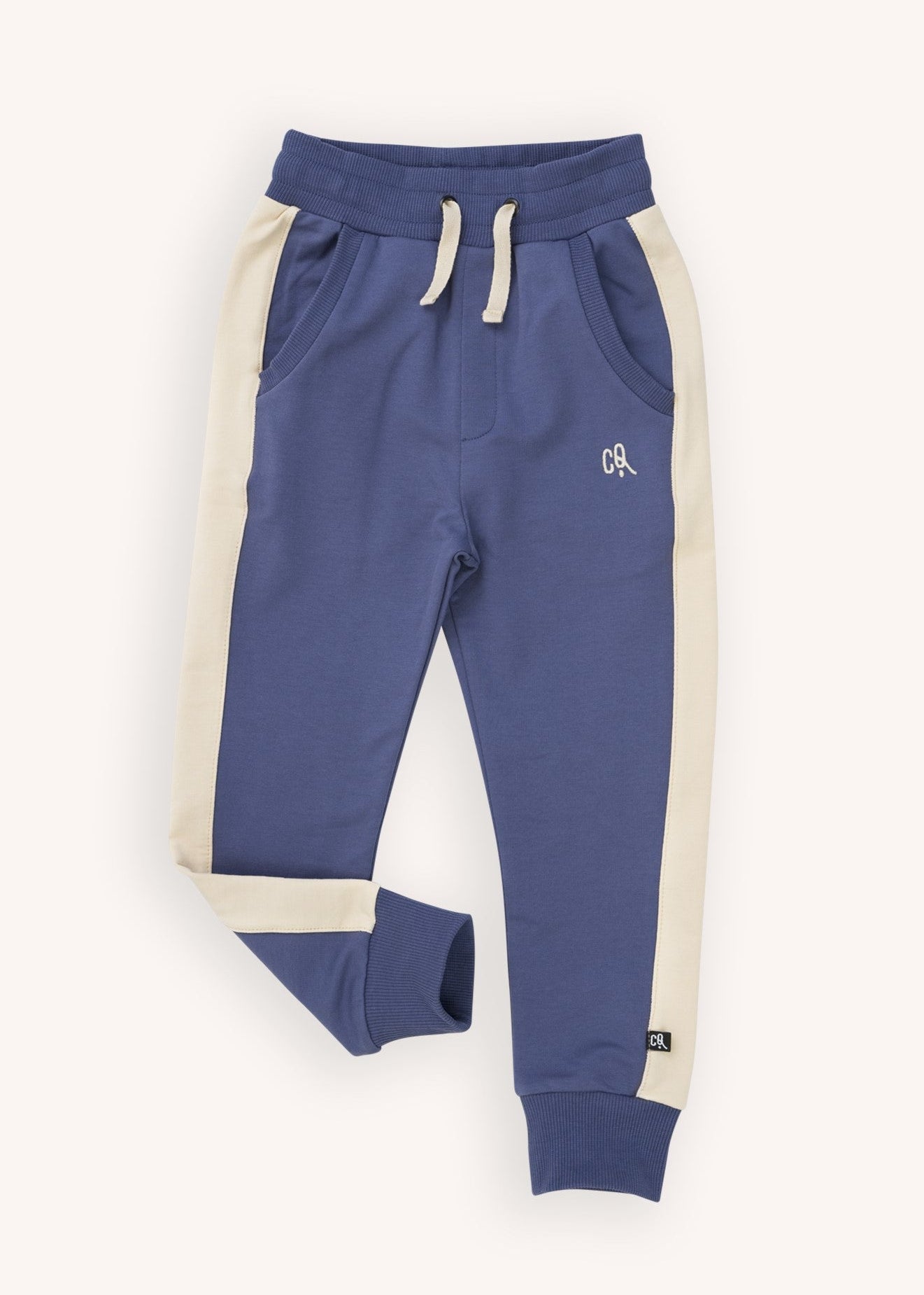 Organic cotton kids joggers in blue - front view showing elastic waistband and comfortable fit