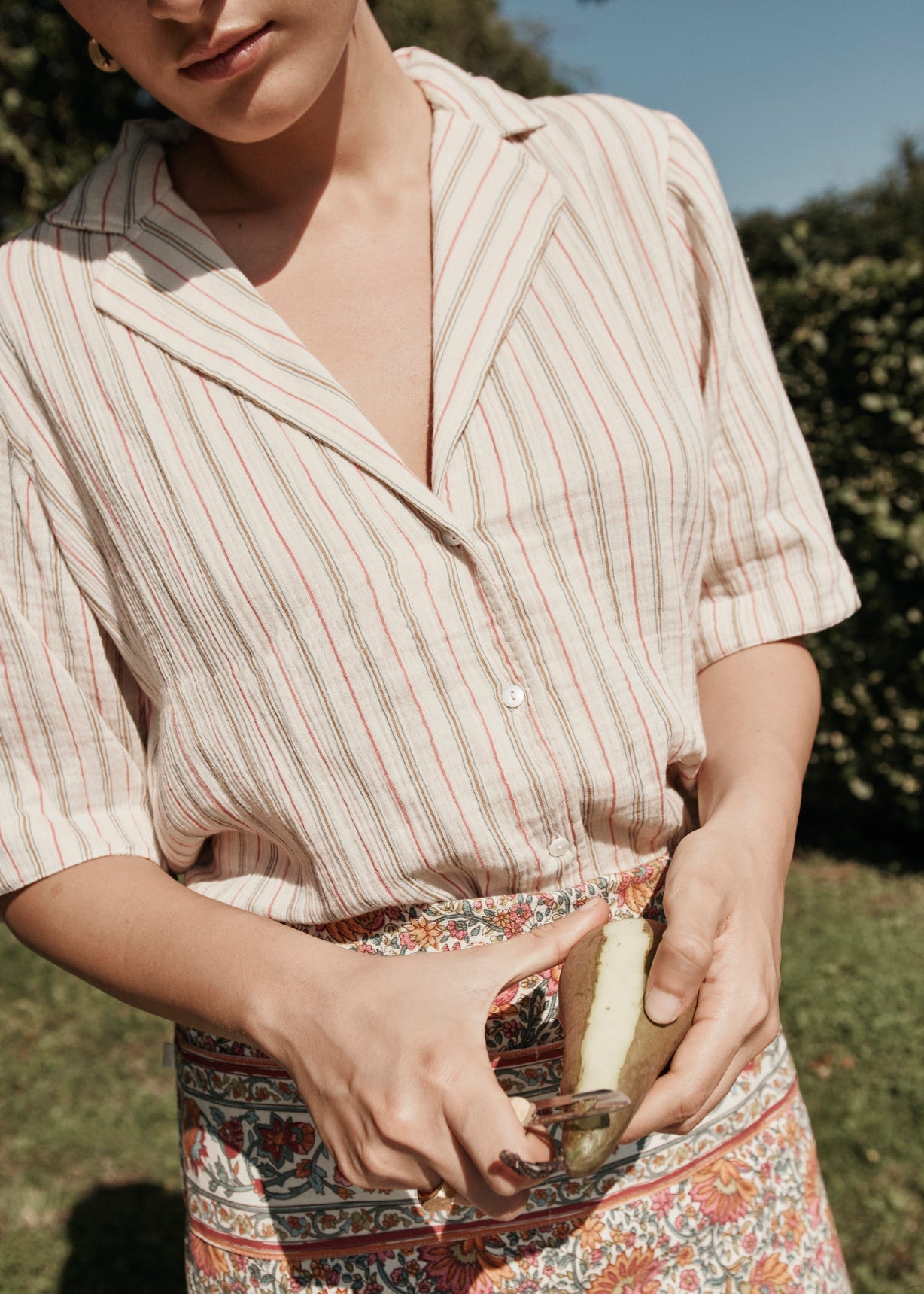 Detail of Louka pyjama stripes pattern - breathable organic cotton gauze women's loungewear