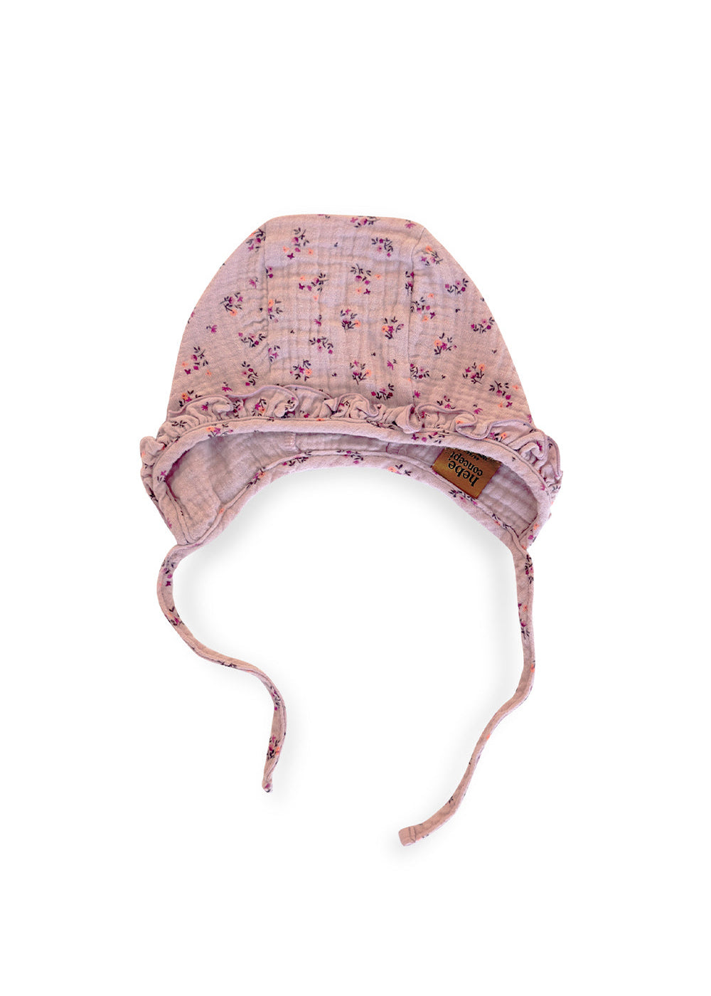 Pink floral muslin baby girl hat with ruffles by Hebe - breathable organic cotton sun hat with tie straps for babies 0-12 months