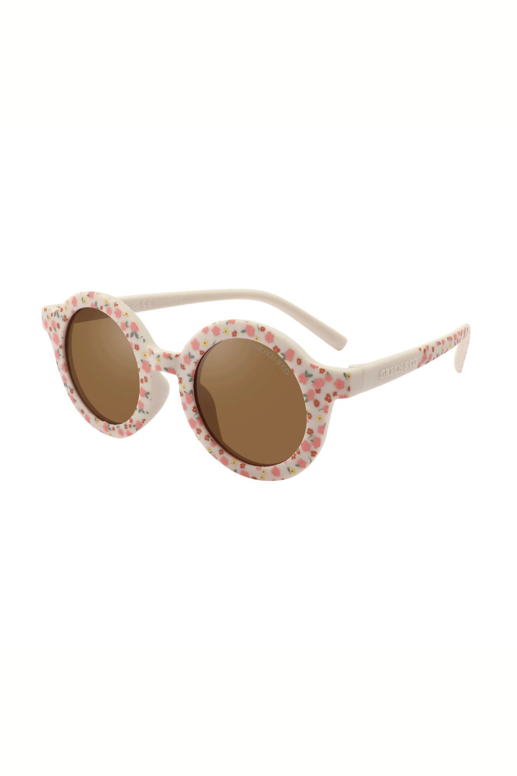 Sustainable kids round sunglasses with pink flower print, bendable sustainable kids sunglasses with polarised lenses. Shop the best kids sunglasses at MiliMilu.
