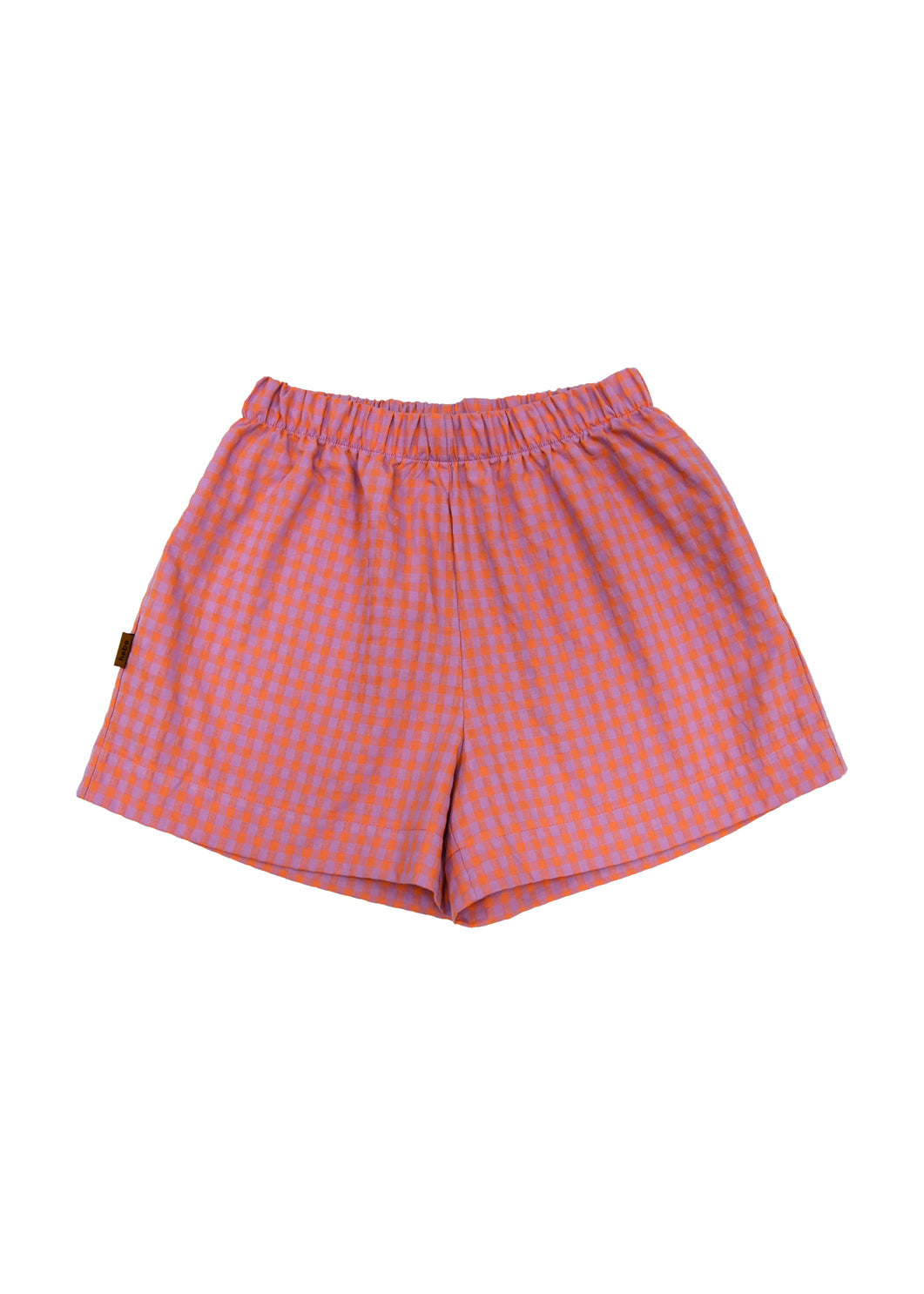 Women's checked shorts in orange and lilac by Hebe – sustainable cotton fashion at MiliMilu