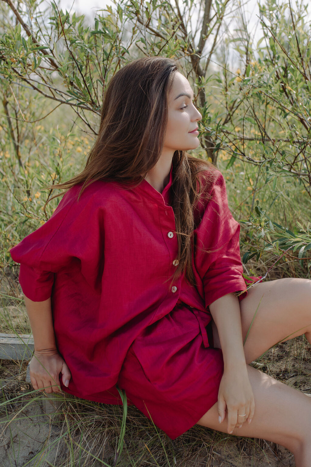 Garnet Red Linen Shorts with pockets and matching line shirt