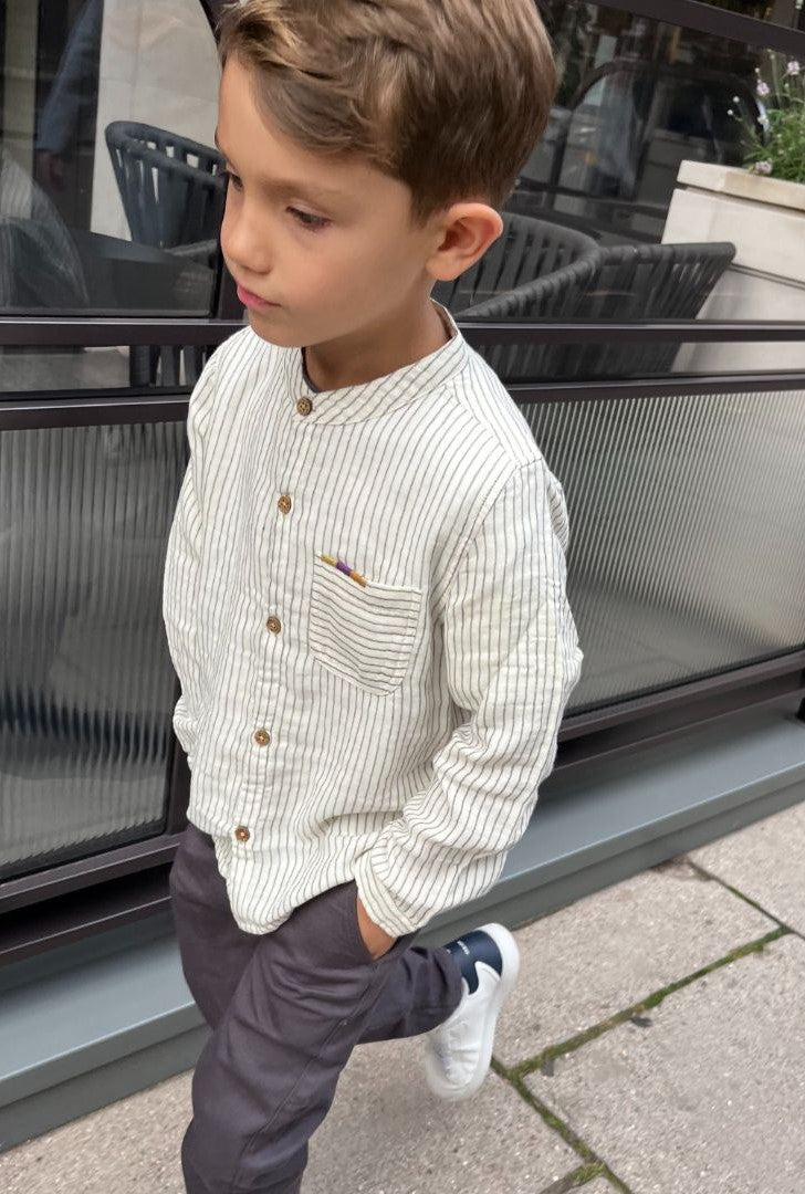 Stripe patterned organic cotton shirts for boys online by Louise Misha at MiliMilu. Shop best sustainable kids clothing and organic cotton kids clothing.