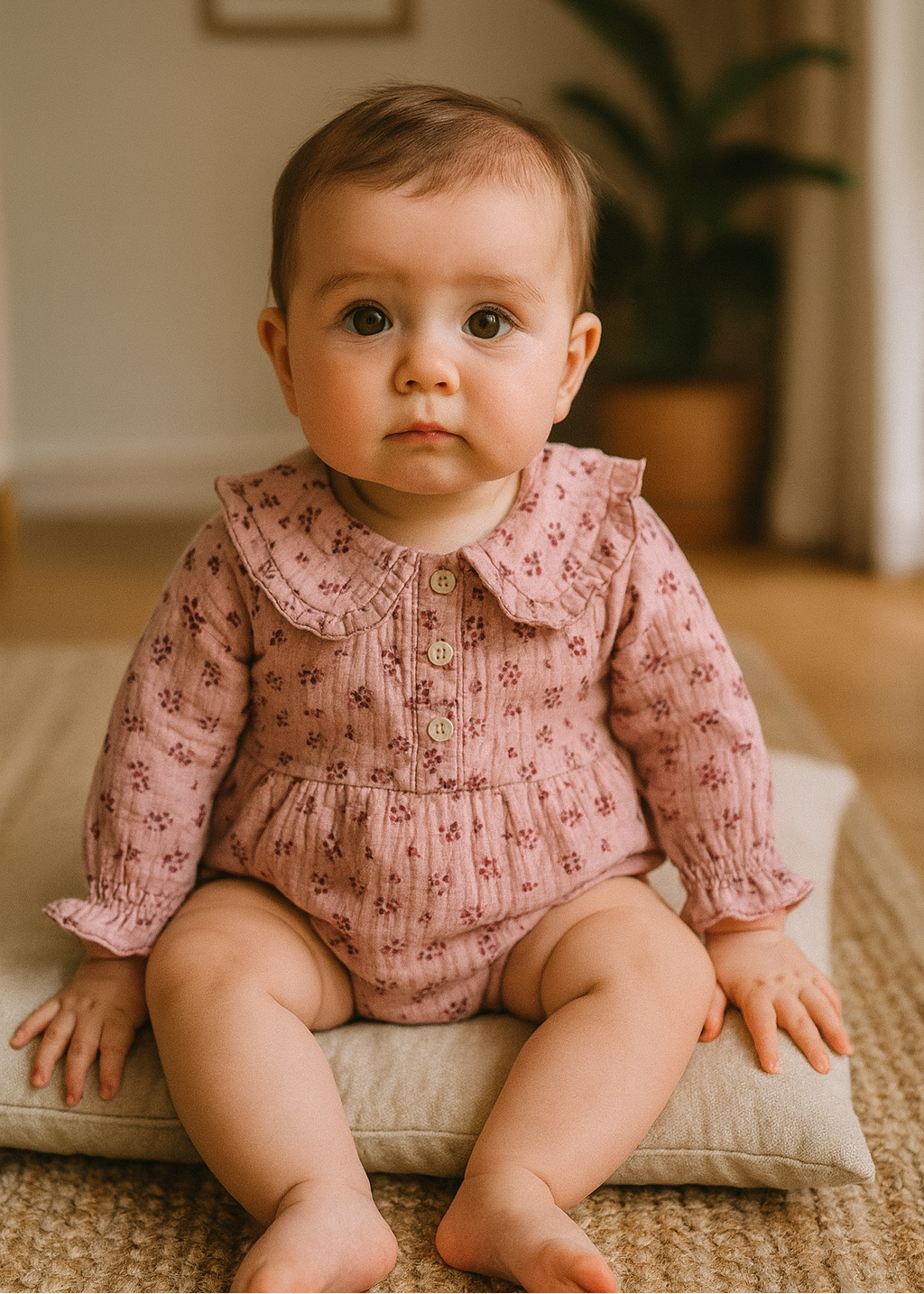 Baby girl muslin romper ruffled sleeve detail - sustainable baby clothing Singapore