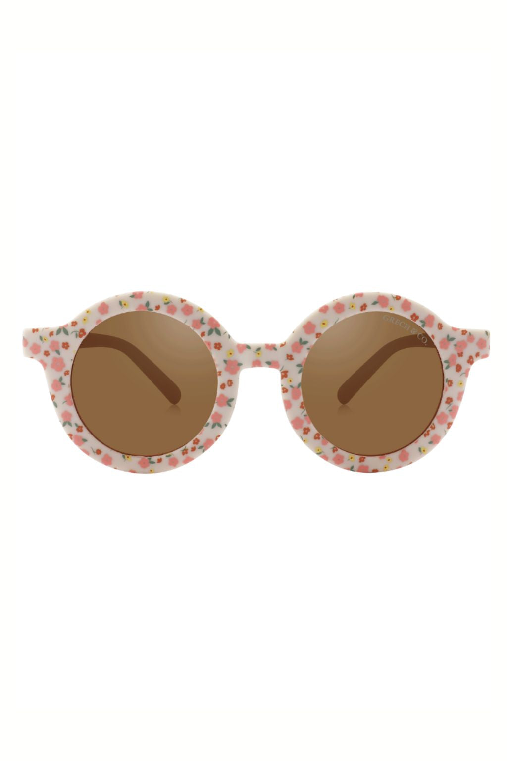 Sustainable kids round sunglasses with pink flower print, bendable sustainable kids sunglasses with polarised lenses. Shop the best kids sunglasses at MiliMilu.