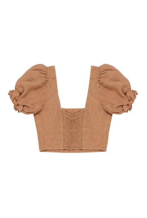 Shop linen women's crop top in tan colour online. This slightly cropped top is considered one of the best summer tops available. This trendy crop linen top is made from sustainable linen in Portugal by The New Society, the best women summer tops and linen clothing for women online- perfect gift and present.