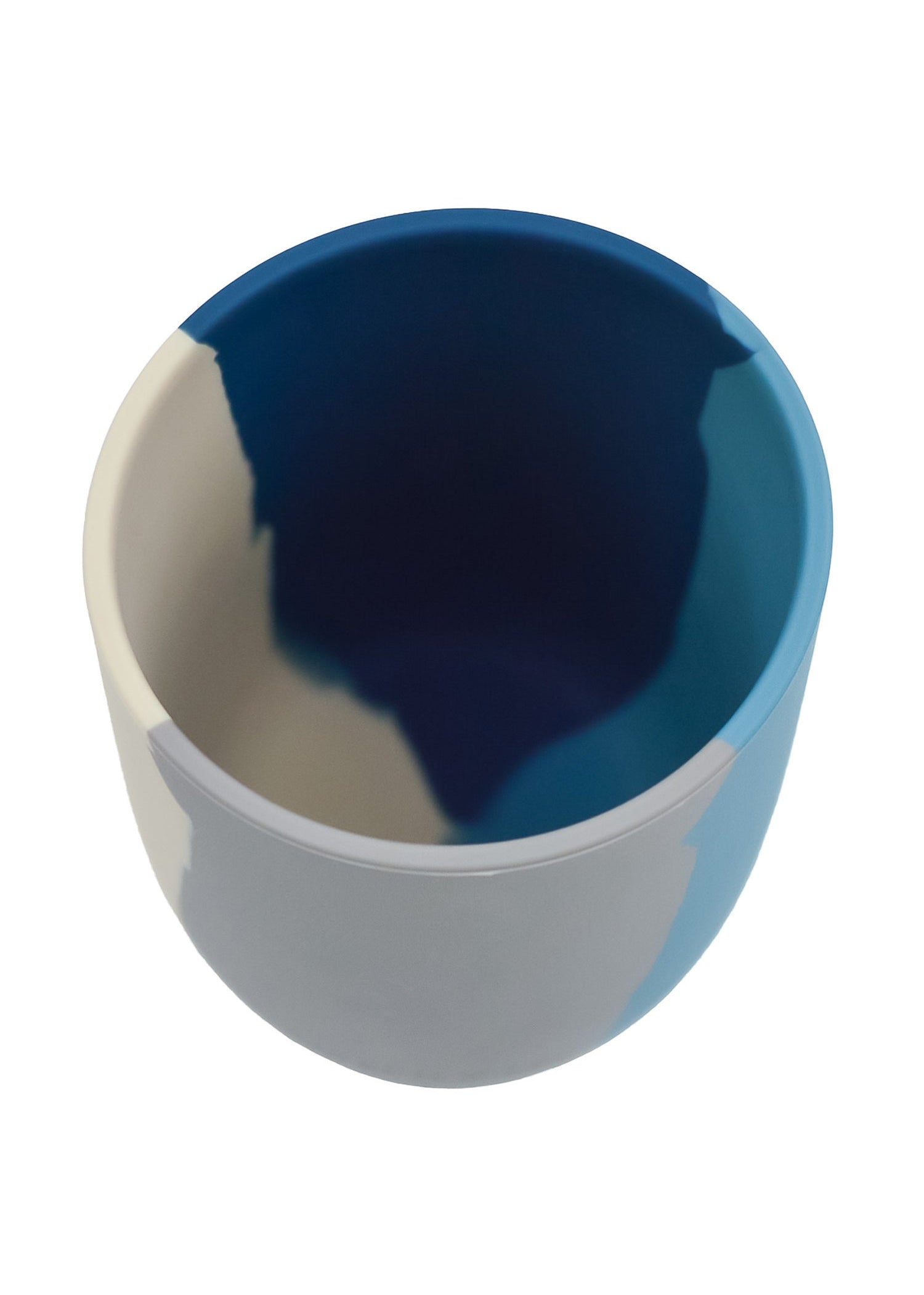 Top view of Grech & Co blue silicone toddler cup showing deep teal interior and soft stone exterior — shatterproof kids cup at Milimilu