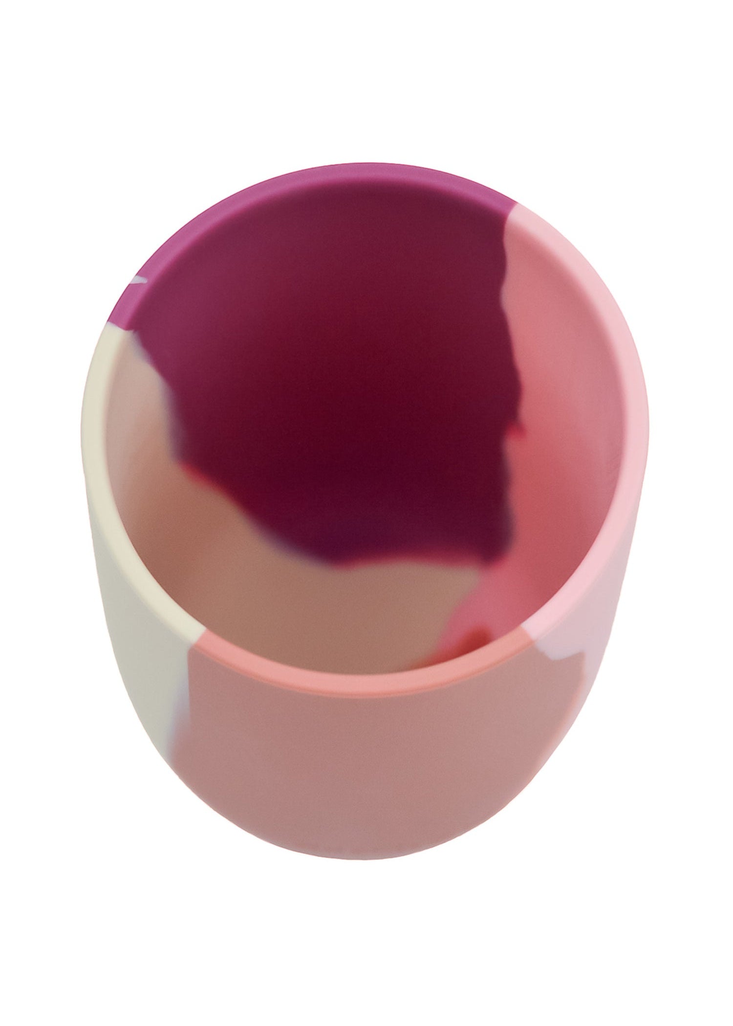 Top view of Grech & Co pink silicone toddler cup showing deep berry interior and blush rose exterior — shatterproof kids cup at Milimilu