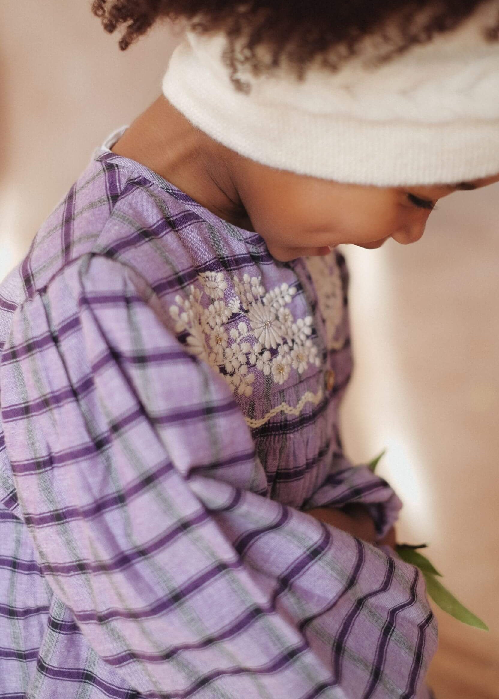 Trendy girls dress from organic cotton — Louise Misha purple check design for kids aged 2–7 years