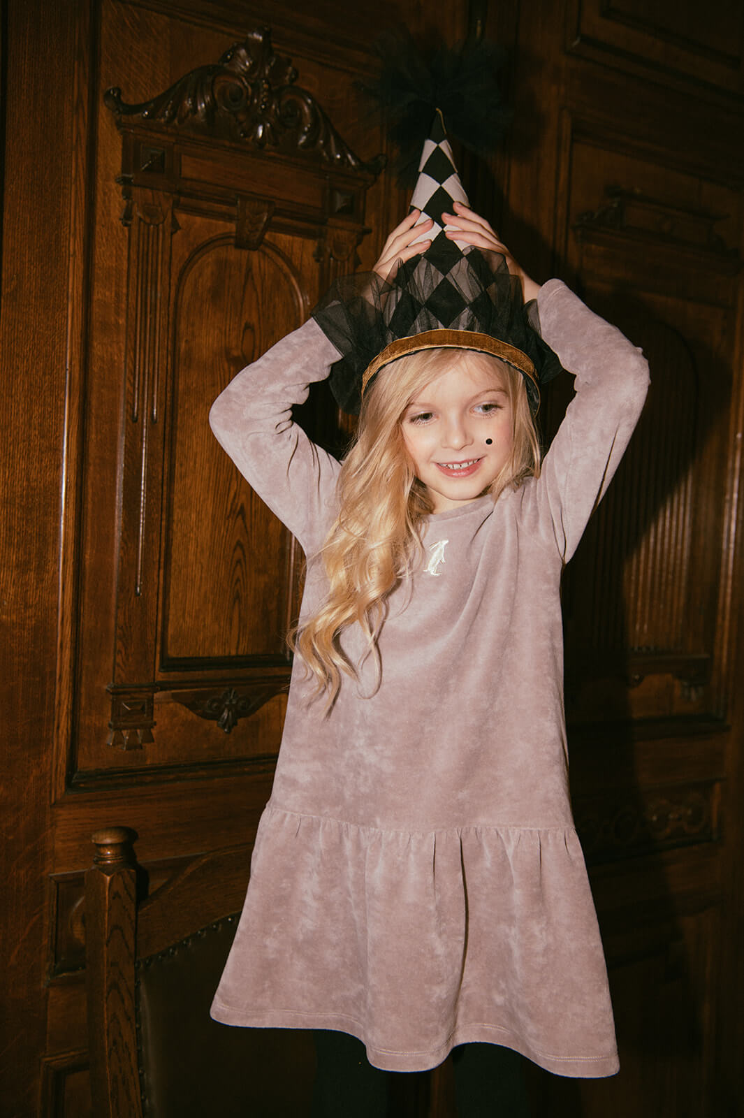 Light velvet grey dress with a bit of shine, soft and comfortable to wear. The best girl dress for parties, travels or daily wear with bunny embroidery.