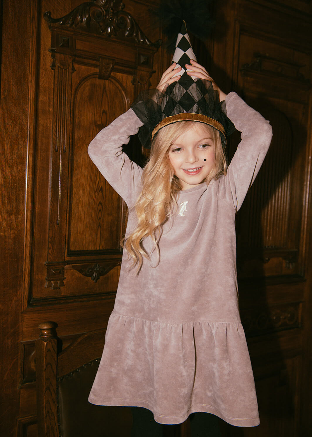 Buy girls' grey velvet dress online — sustainable kids' party dress by Hebe, available in HK, SG & AU