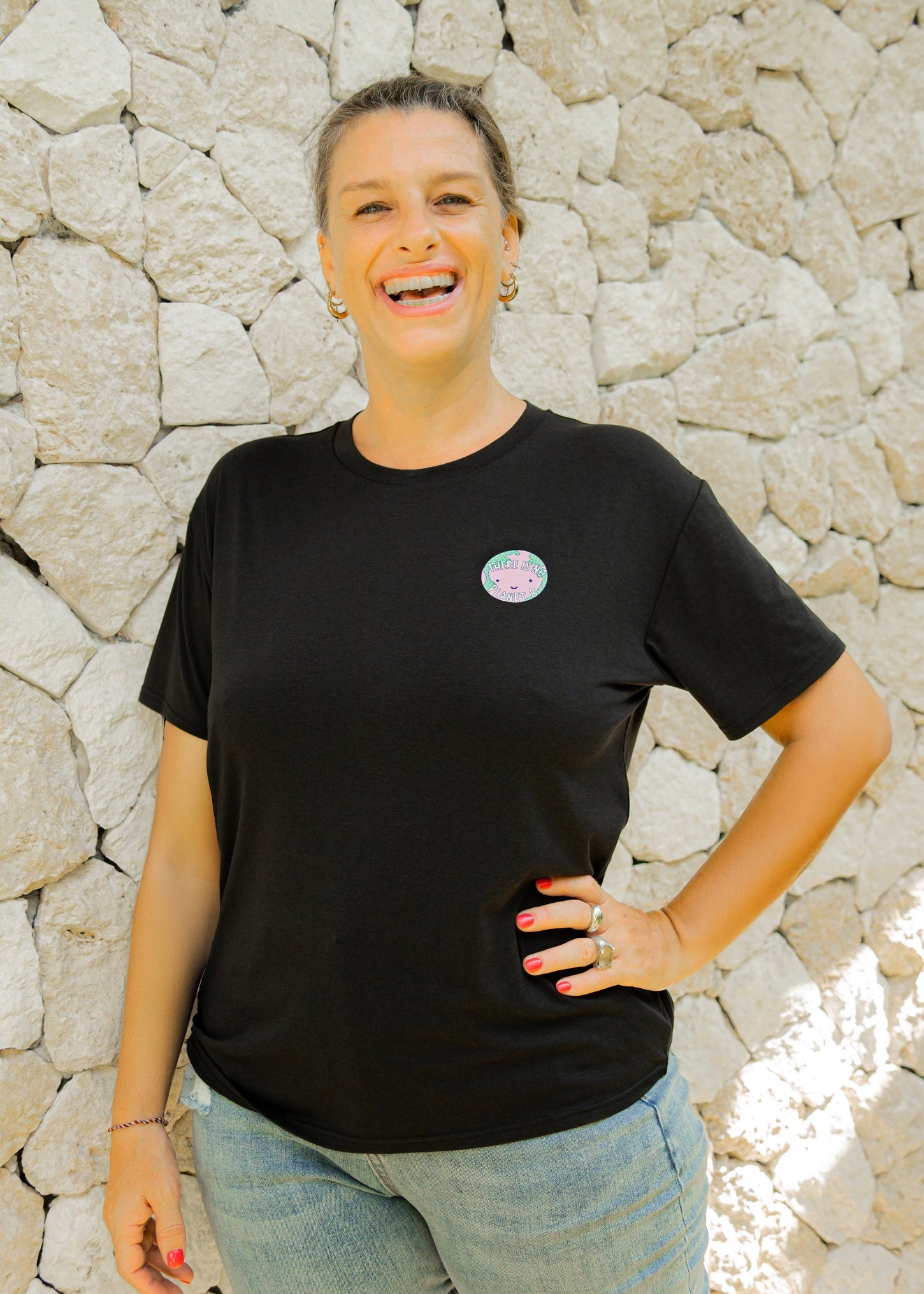 Black bamboo t-shirt detail view, soft breathable sustainable fabric