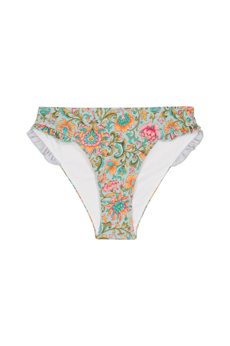 Women bikini bottoms are slightly low cut with ruffle details. Sustainable swimwear in Water River flower print by Louise Misha. The best sustainable swimwear.