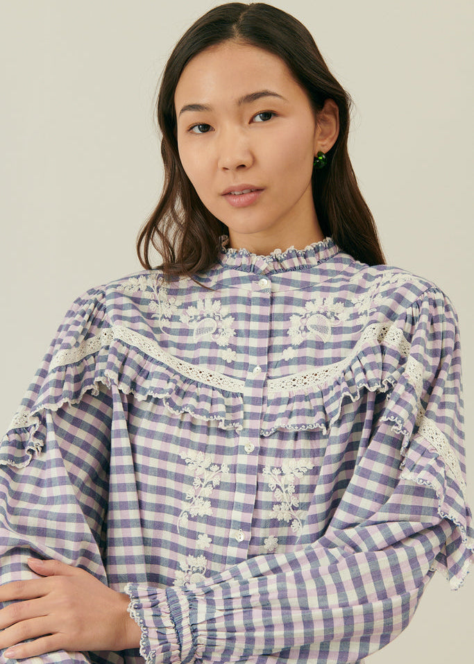 Detail of Noelianne blouse lace inlays - organic cotton checkered by Louise Misha