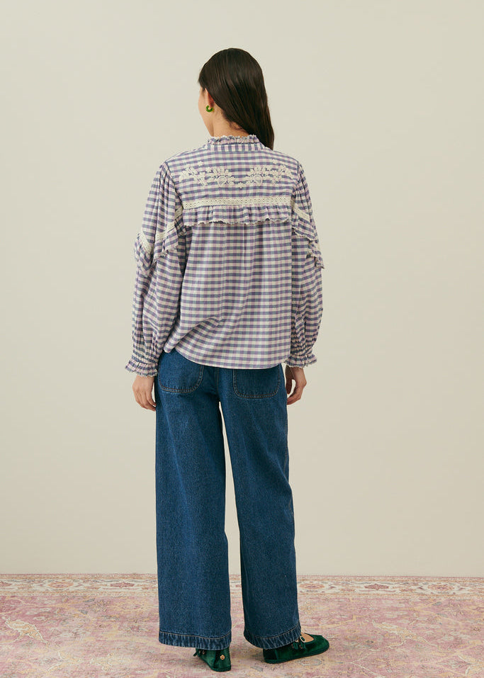 Close-up of Noelianne blouse embroidered breastplate - organic cotton blue purple checks