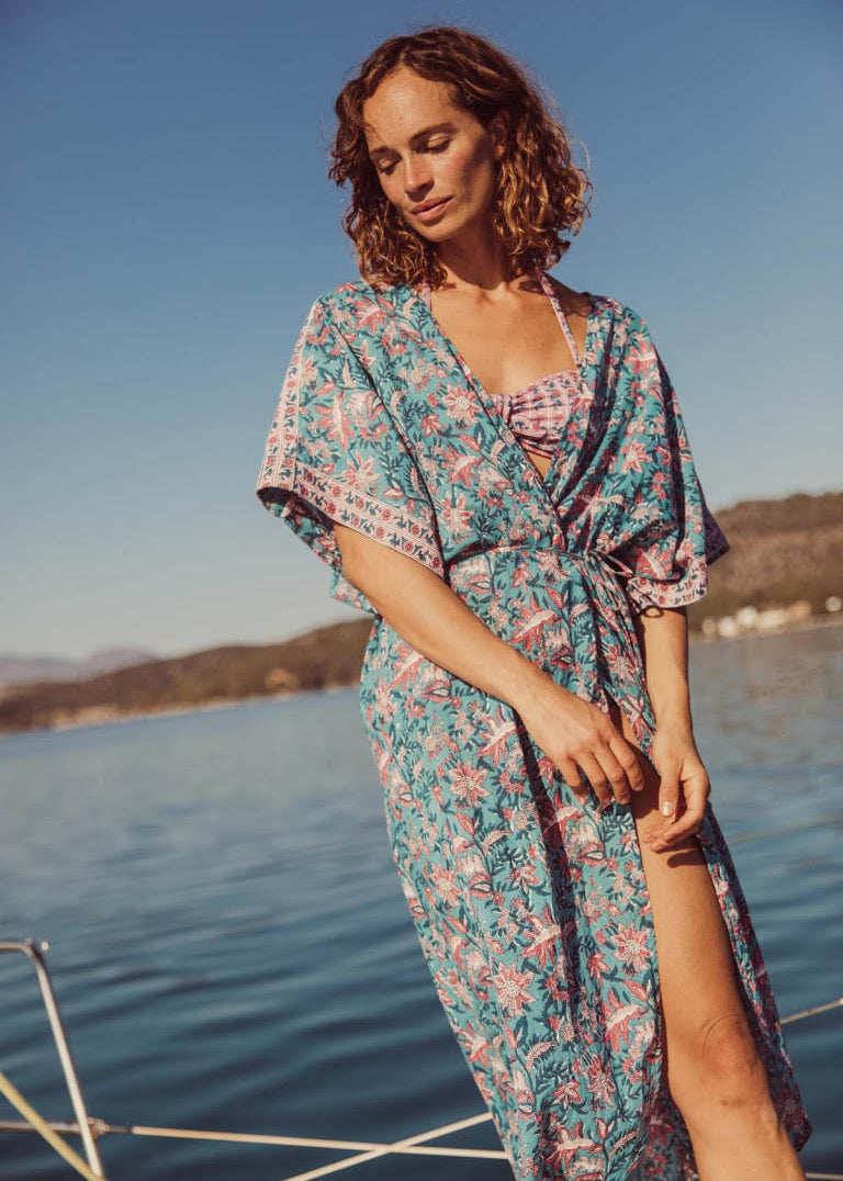 Women's Teal Garden Kimono, Versatile Beach to Street Sustainable Fashion.