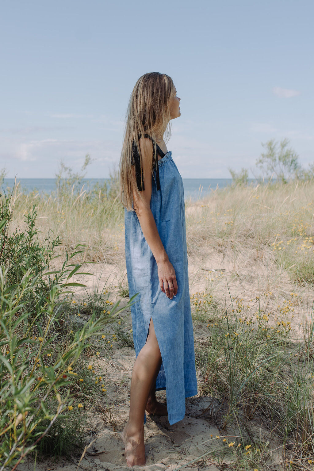 Blue Linen Maxi Dress Eita -Flowing Silhouette an easy to wear with adjustable straps.