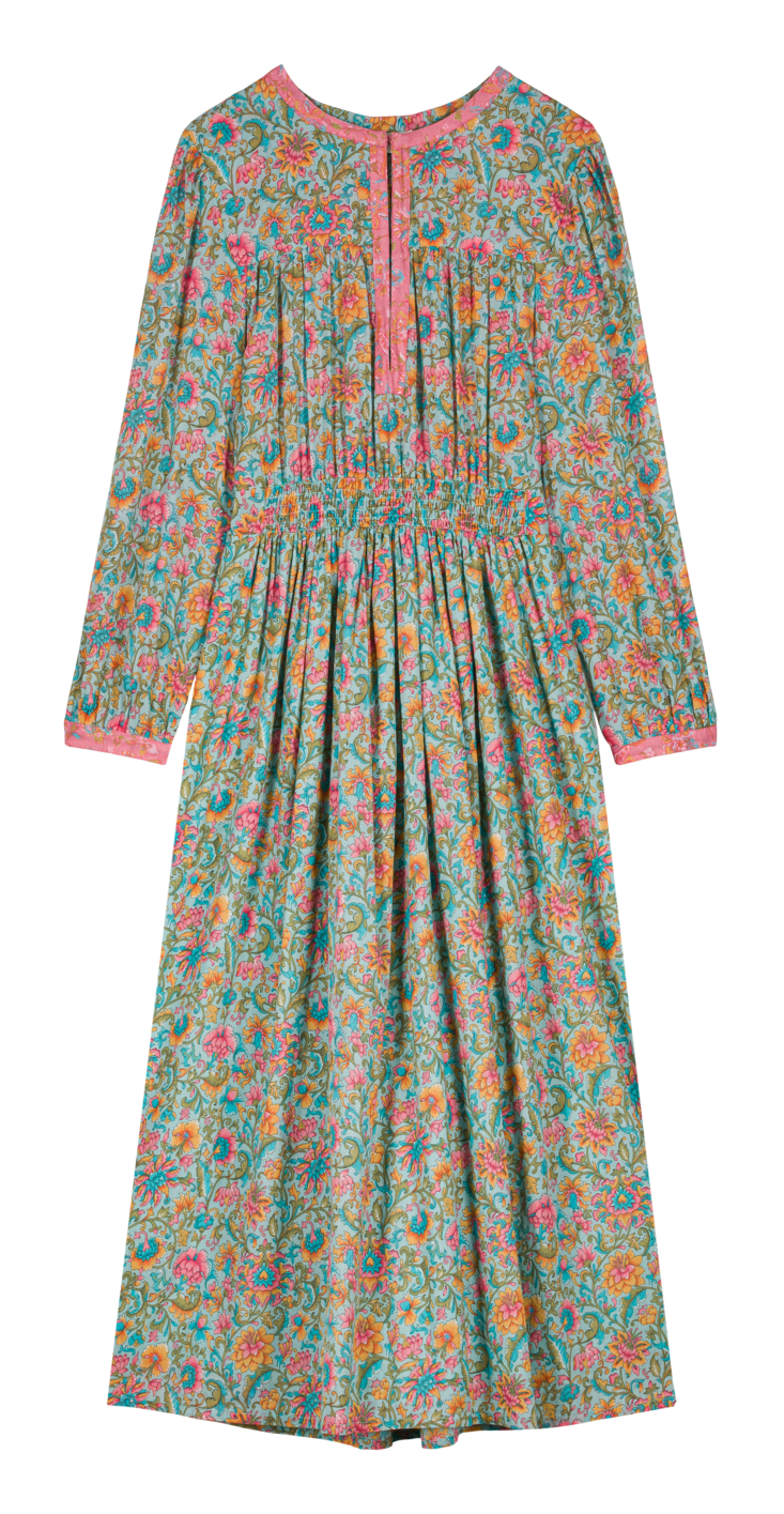 Organic cotton maxi dress for women in floral print. This organic cotton maxi dress with sleeves provides excellent breathability by Louise Misha. Mini Me style