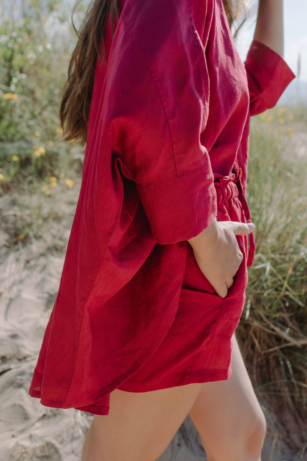 MiliMilu Women's Garnet Red Linen Shorts Online