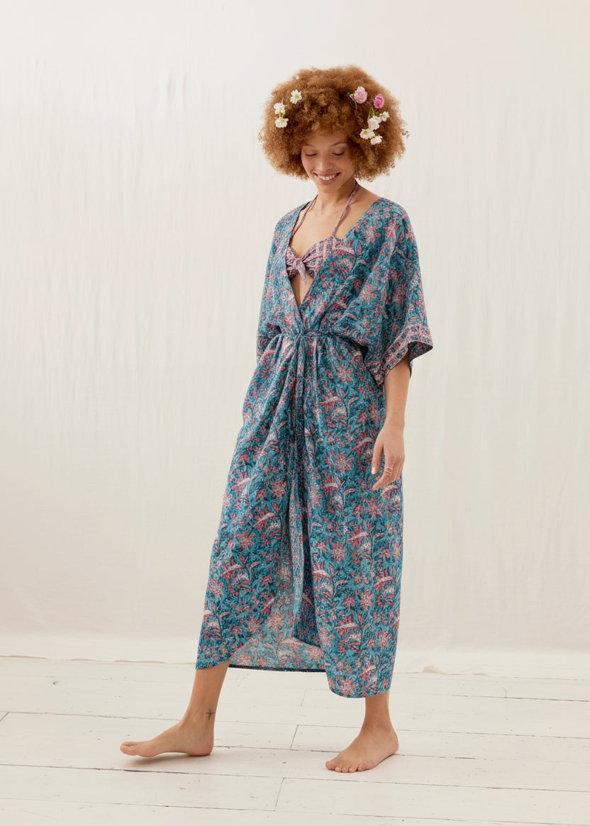 Women's Teal Garden Kimono, Versatile Beach to Street Sustainable Fashion