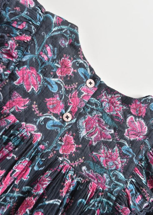 Texture detail of organic cotton fabric with charcoal wildflowers print on Dress Lara"