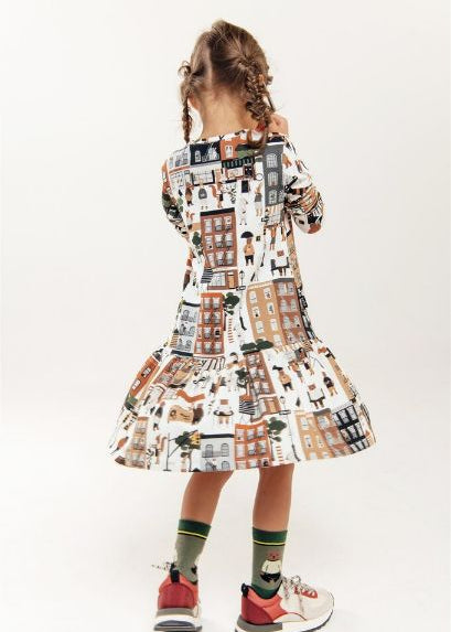 Lightweight organic cotton girl dress with New York city print by Hebe — sustainable occasion wear | MiliMilu