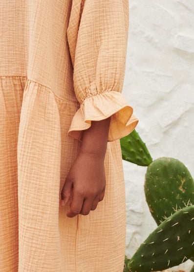 Close up of Liilu Lilou muslin dress herringbone neckline organic cotton girls dress SG AU | MiliMilu