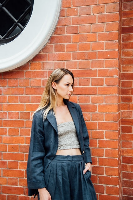 The women's linen blazer is a loose-style linen jacket in grey is handcrafted from the highest quality European linen. Shop best linen clothing for women.