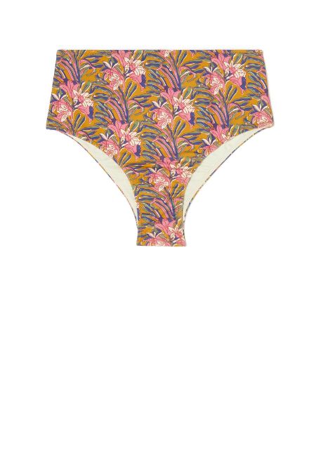 Recycled bikini bottoms with honey flower print are high waisted and give you a feminine look by Louise Misha. Shop the best sustainable swimwear at MiliMilu.