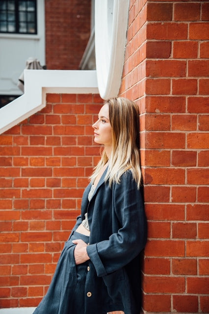 The women's linen blazer is a loose-style linen jacket in grey is handcrafted from the highest quality European linen. Shop best linen clothing for women.