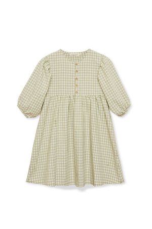 The organic cotton Corie girl's dress with tea green checks from the Floating collection is breathable and lightweight, super versatile for any occasion with puff sleeves and wooden buttons. It is made from organic cotton and "Global Recycled Standard" certificated polyester by Jellymade. The organic cotton Corie girl's dress has timeless style and the best quality. 