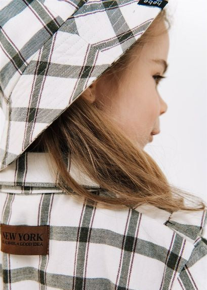 Close-up of dark green and white checkered bucket hat - lightweight organic cotton kids sun hat