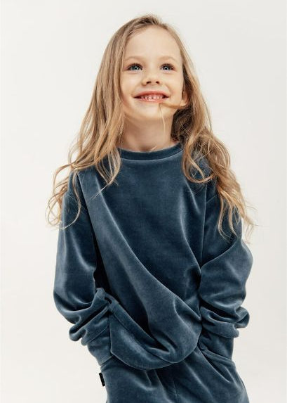 Kids' blue velvet sweatshirt and joggers set — unisex, OEKO-TEX certified, fair trade made by Hebe