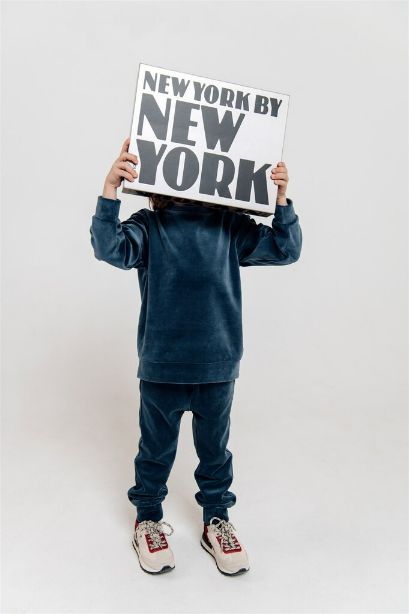 Unisex blue velvet kids sweatshirt, trendy comfortable loungewear for boys and girls, stain resistant color, Mommy and Me styles available