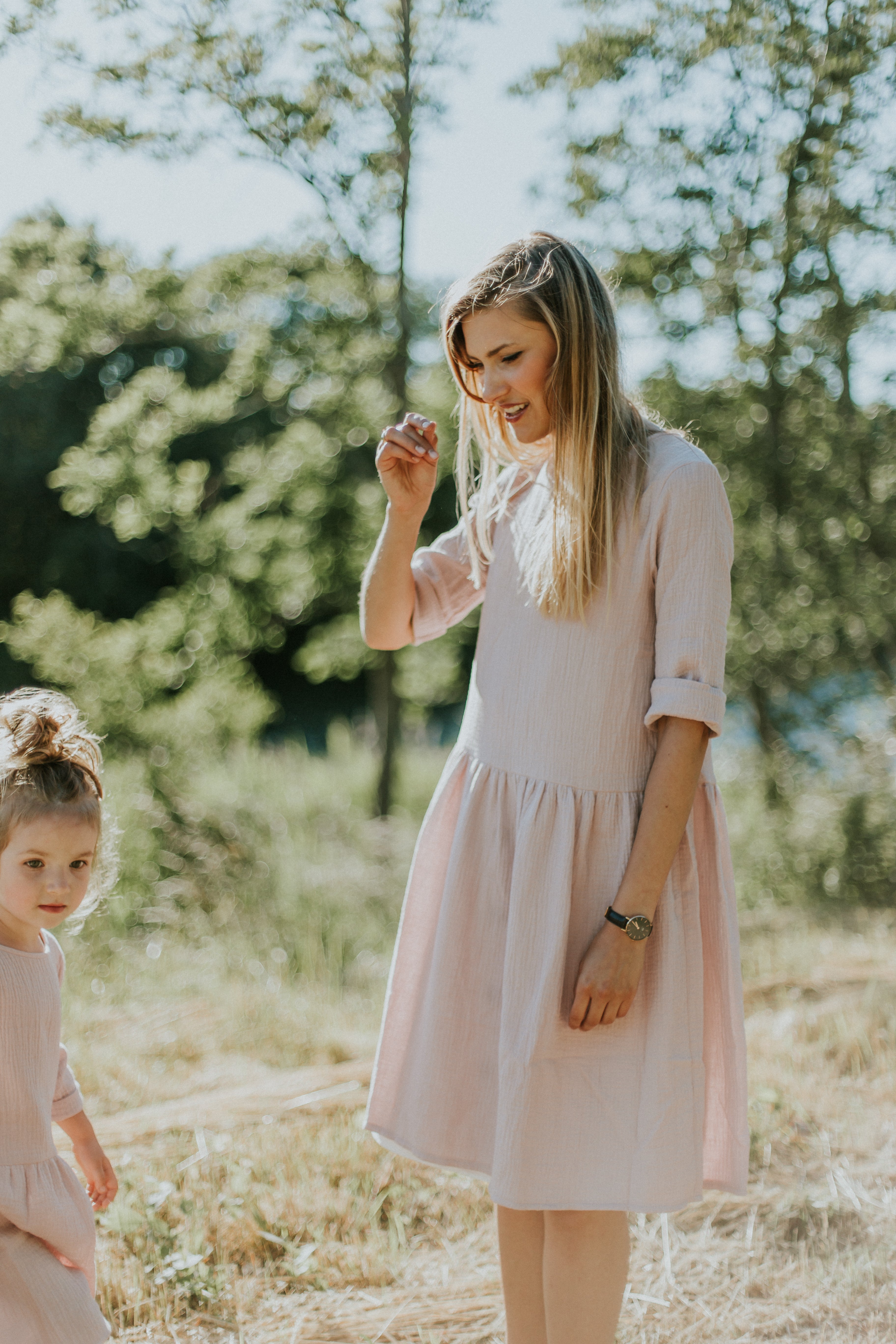 Handcraft Back to Nature dress in soft pink colour from organic cotton. Mini-me styles are available for matching on Mommy and daughters' days out!