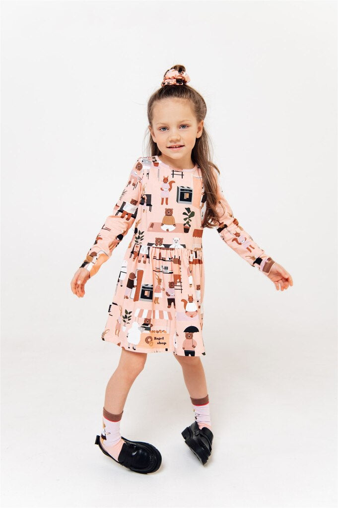 Pink long sleeve girl dress stylish & breathable in a pink base with a fun city print. Organic cotton pink girl dress is perfect for parties & day to day life.