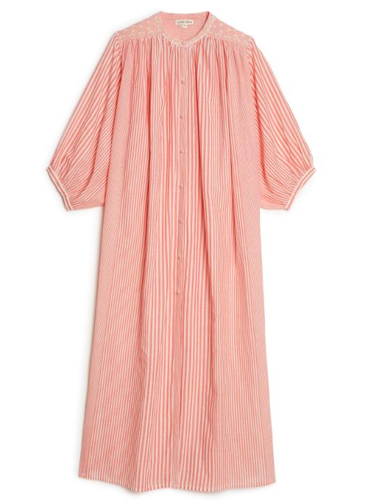 The women's shirt dress is breathable and lightweight and long, made with organic cotton midi length by Louise Misha online at MiliMilu Lifestyle.
