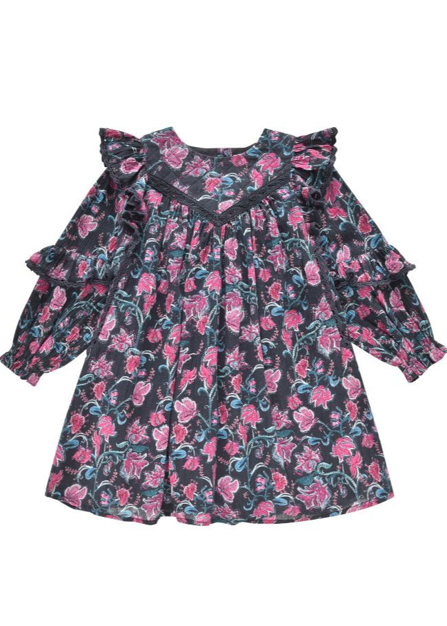 Close up of Dress Lara lace trim details and wildflower print on organic cotton.